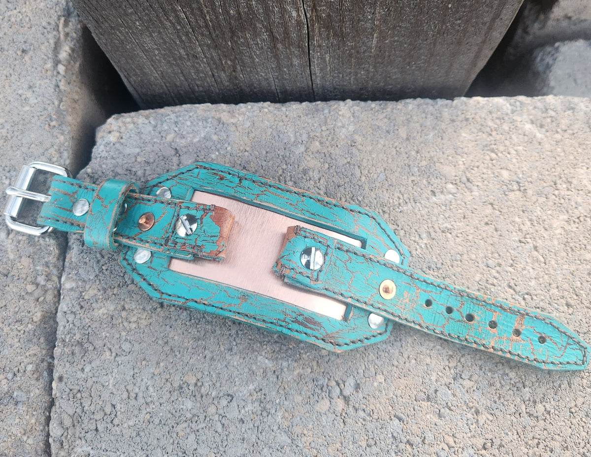 Custom Aqua and Copper Vintage Smart Watch Band with Polished Steel Buckle
