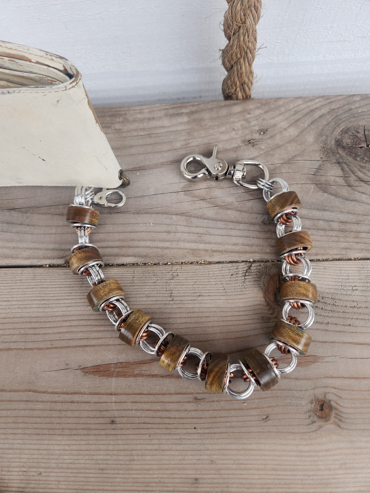 Argentinian Green Sandalwood 18in Exotic Wood Wallet Chain with Polished Steel and Copper Ring with Thinner Beads