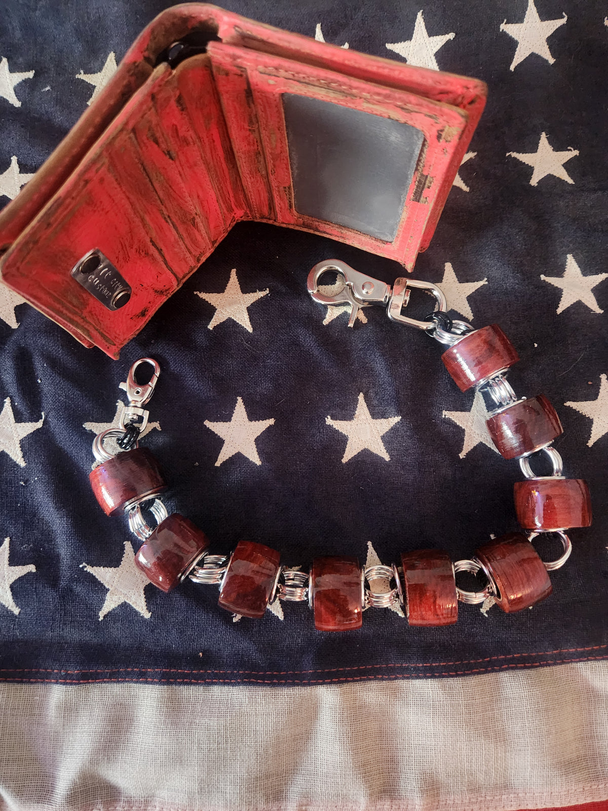 18in. Exotic Wood "Red Heart" with Polished Steel and Black Ring Wallet Chain