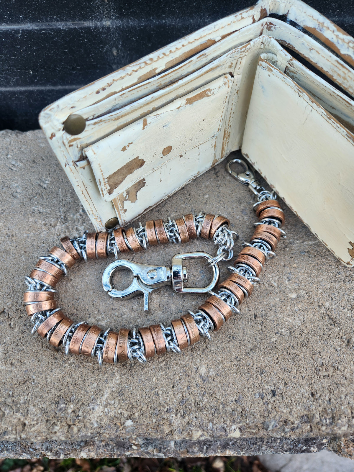 18in. Custom United States Penny Wallet Chain with Unique Braided Design and Adjustable Buckle Closure