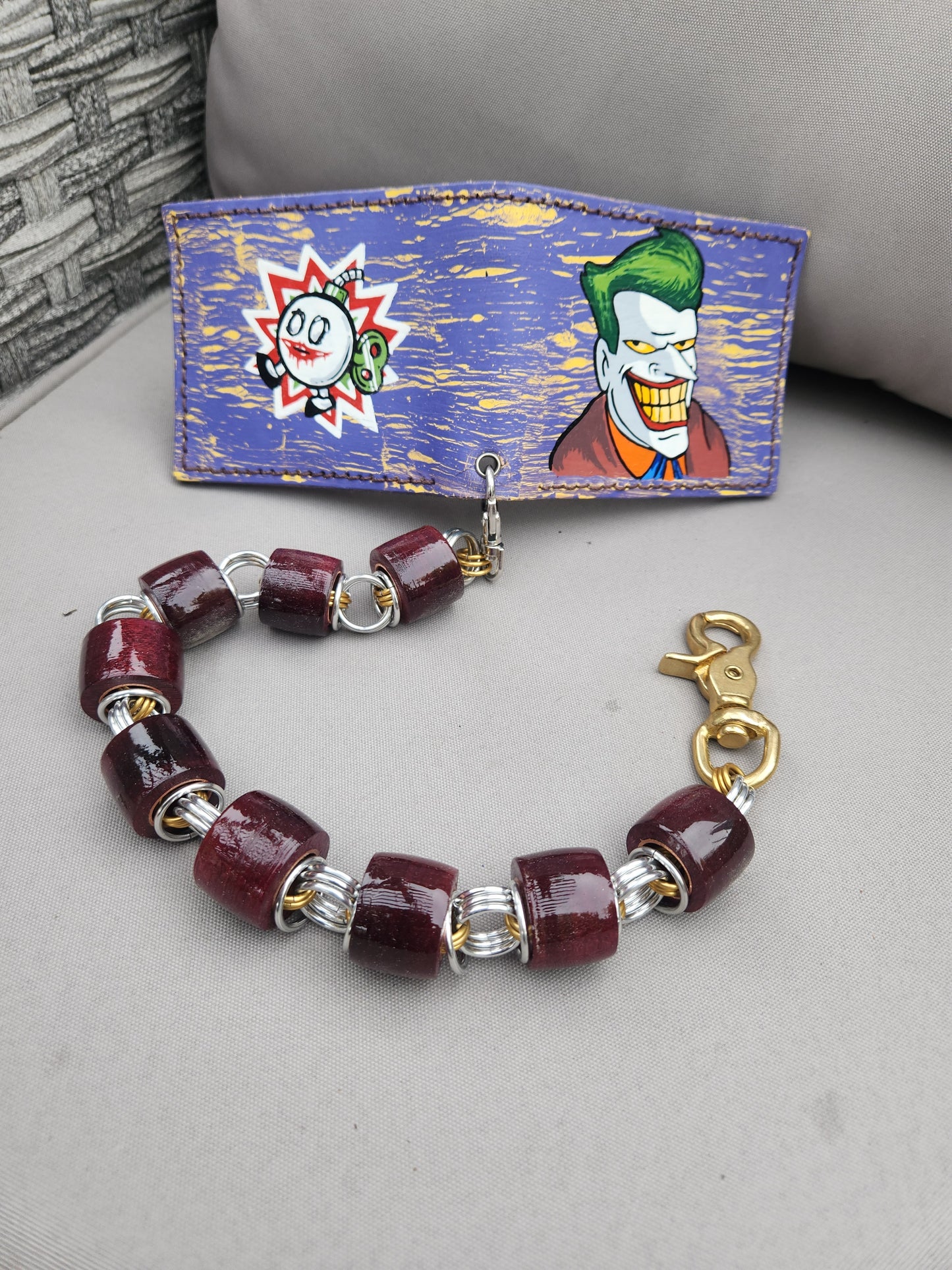 Custom Purple and Yellow Distressed retro handpainted Joker wallet.