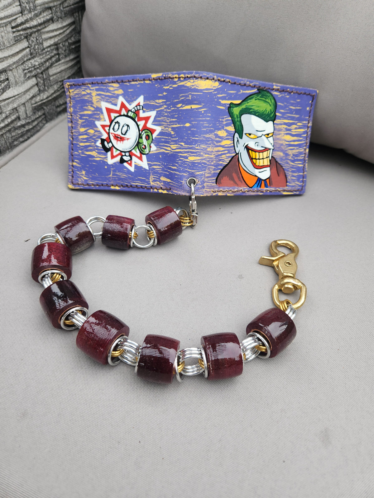 Custom Purple and Yellow Distressed retro handpainted Joker wallet.