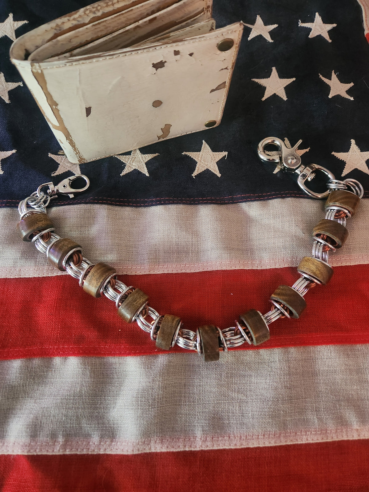 Argentinian Green Sandalwood 18in Exotic Wood Wallet Chain with Polished Steel and Copper Ring with Thinner Beads
