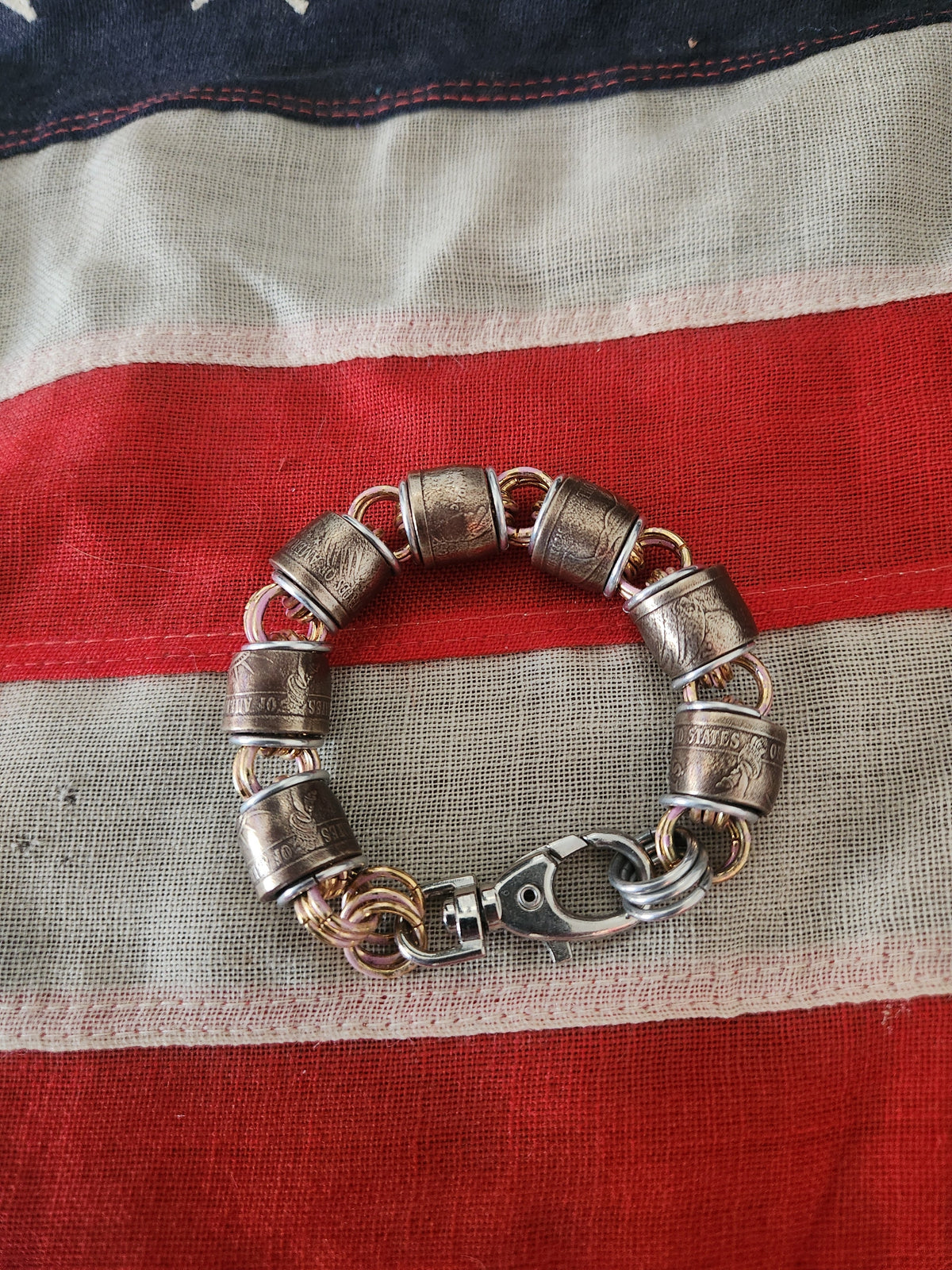 Custom United States Gold Dollar Coins and "pink" polished Steel Ring Bracelet with Adjustable Buckle - Durable Design, Custom Fit for Everyday Wear
