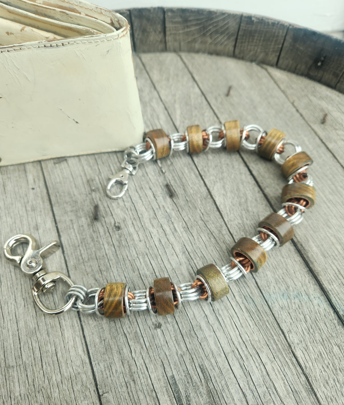 Argentinian Green Sandalwood 18in Exotic Wood Wallet Chain with Polished Steel and Copper Ring with Thinner Beads