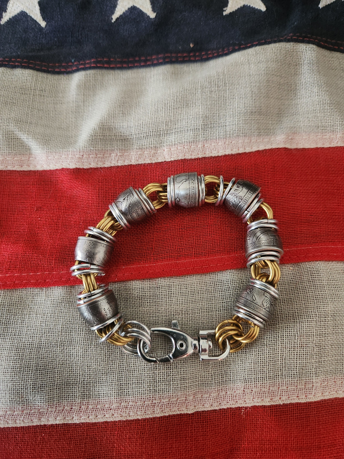 Custom United States Quarter's and Brass & polished Steel Ring Chain Bracelet with Unique Design and Gold Finish