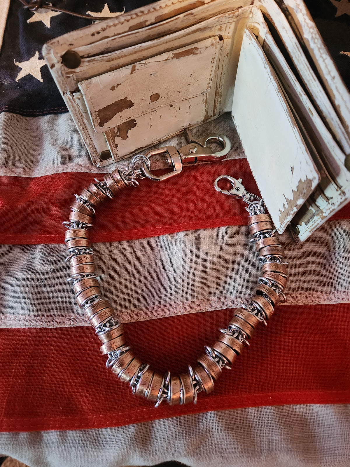 18in. Custom United States Penny Wallet Chain with Unique Braided Design and Adjustable Buckle Closure