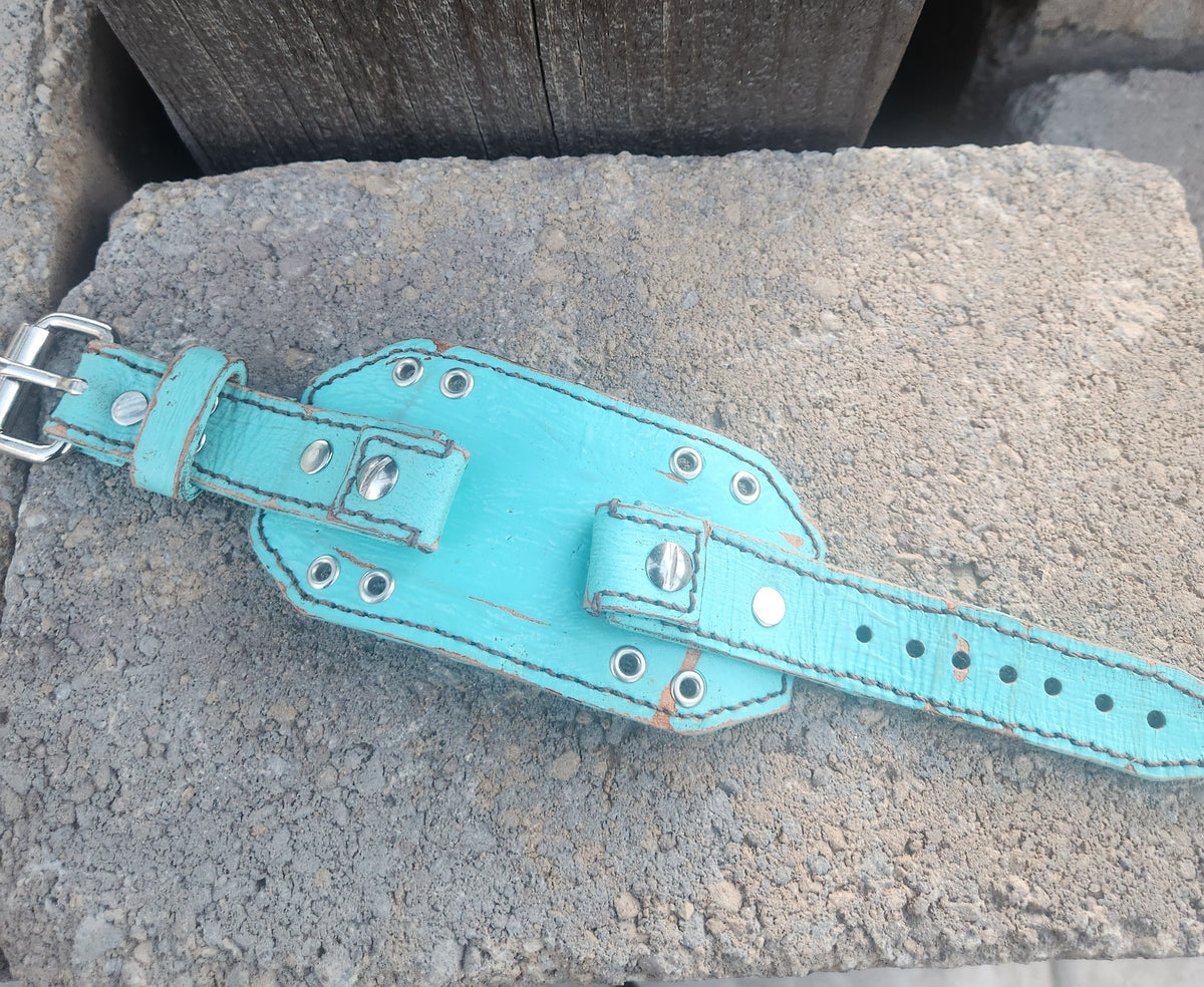 Custom Vintage Turquoise Leather Smart Watch Band with Polished Steel Buckle