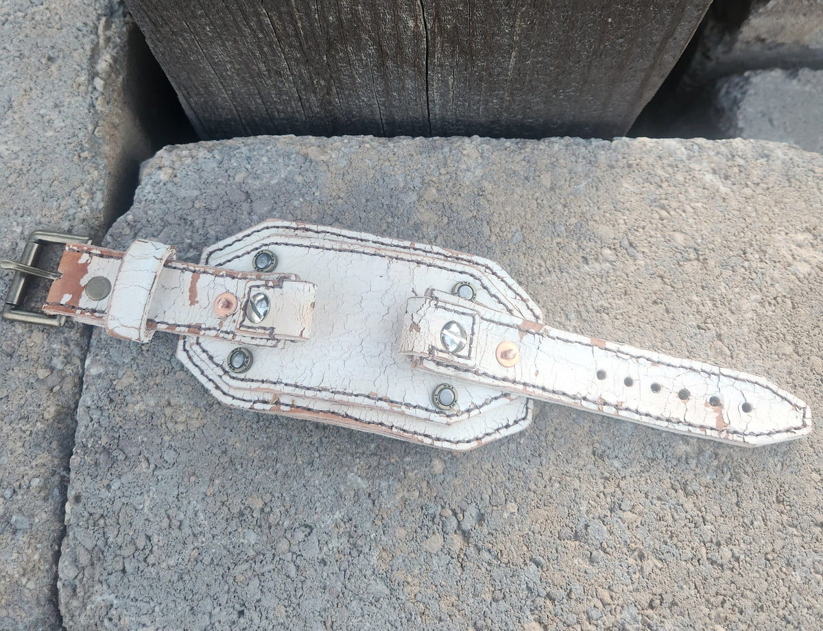 Custom Vintage White Leather Smart Watch Band with Brass Buckle