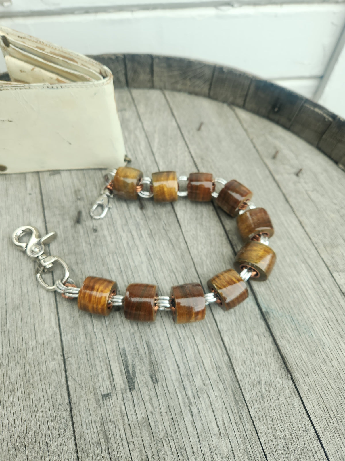 18in. Exotic Wood "Argentinian green sandalwood" Wallet Chain with Polished Steel and Copper Rings