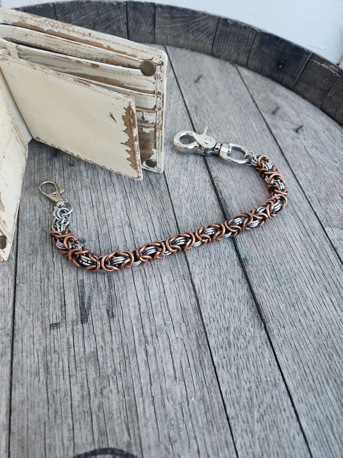 14in. Copper and Polished Steel Ring Wallet Chain - Elegant Design with Decorative Elements