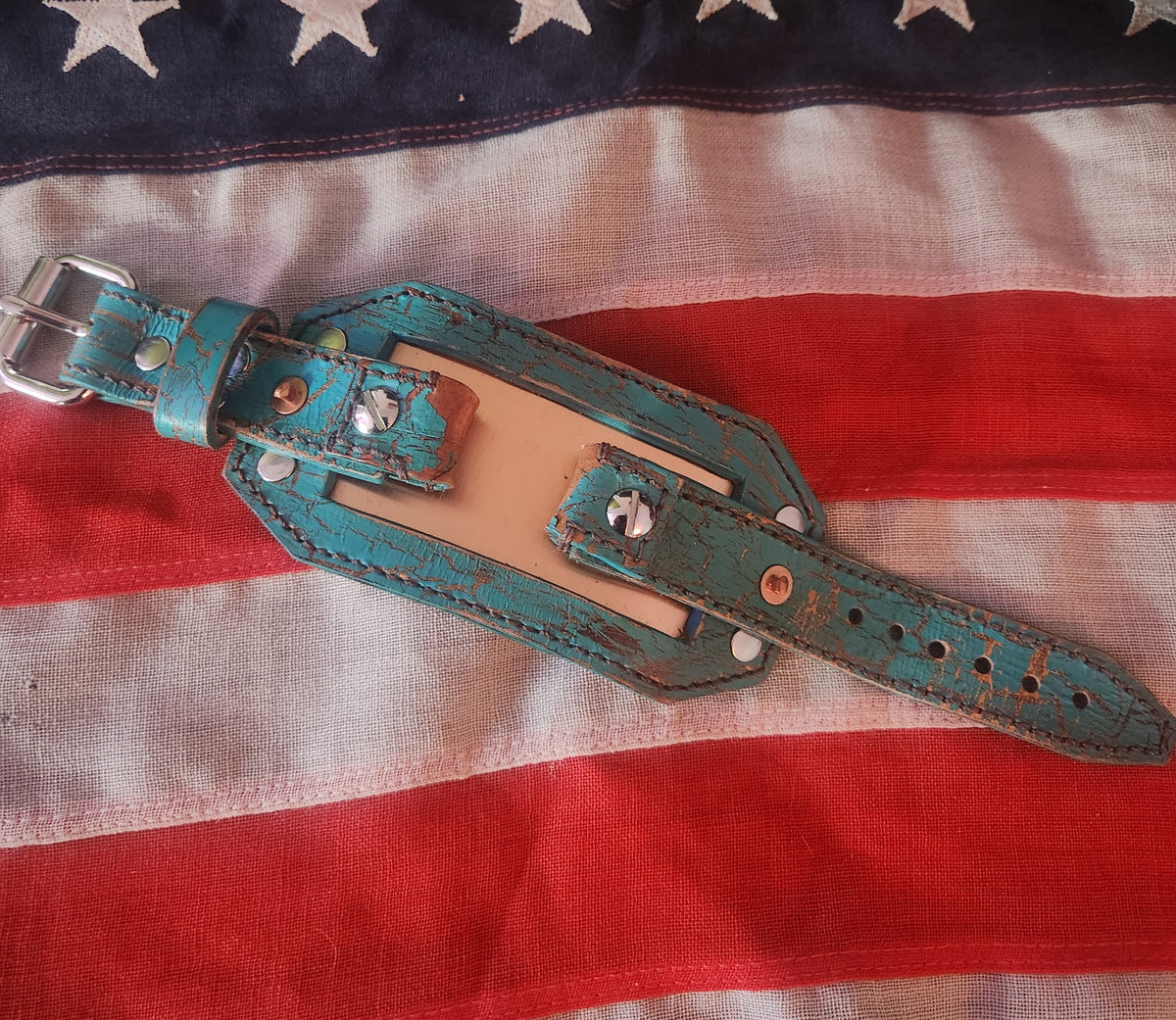 Custom Aqua and Copper Vintage Smart Watch Band with Polished Steel Buckle