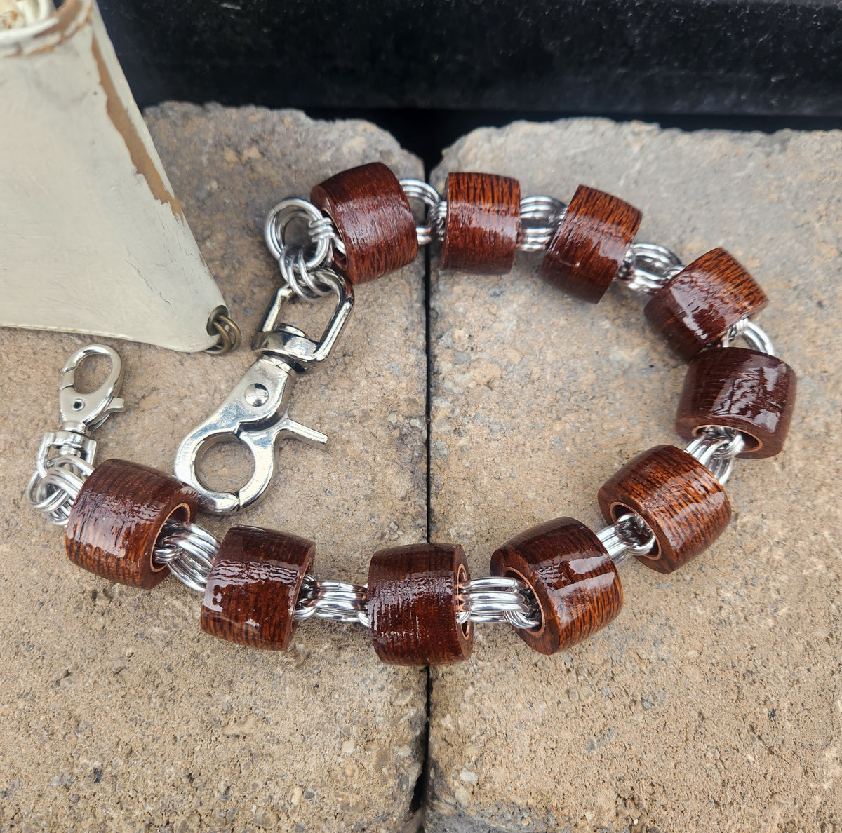 18in. Exotic Wood "Leopardwood" Wallet Chain with Polished Steel Rings