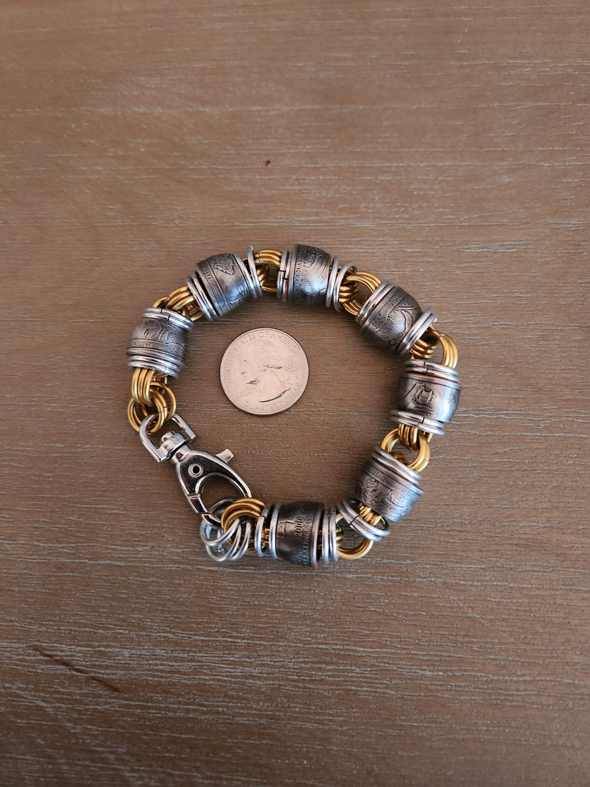 Custom United States Quarter's and Brass & polished Steel Ring Chain Bracelet with Unique Design and Gold Finish
