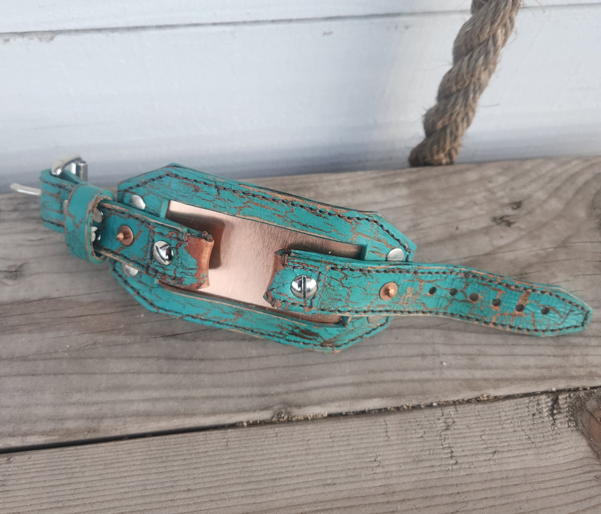 Custom Aqua and Copper Vintage Smart Watch Band with Polished Steel Buckle