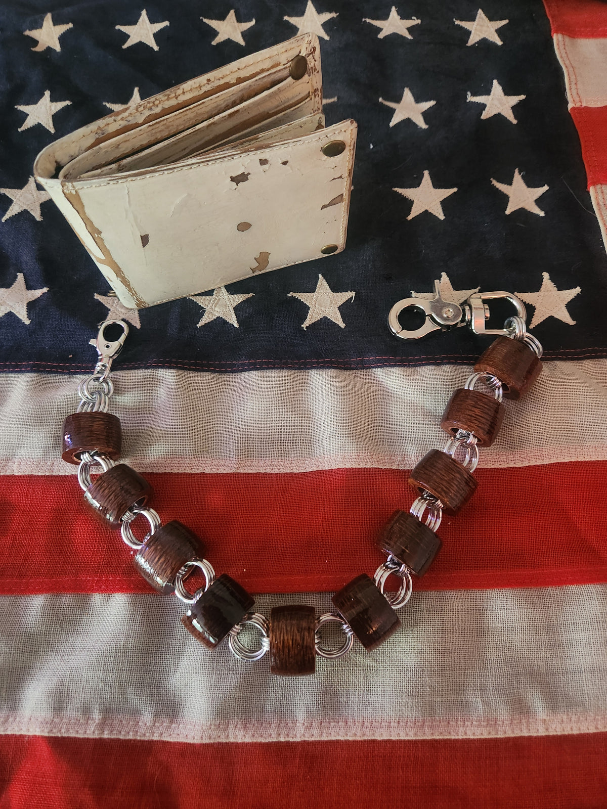 18in. Exotic Wood "Leopardwood" Wallet Chain with Polished Steel Rings