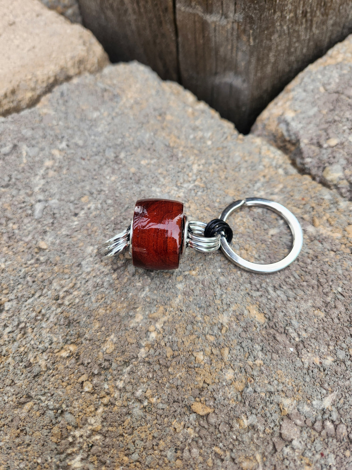 Red Heart Exotic Wood Key Chain - Unique Design with Red Wood Accent and Silver Rings