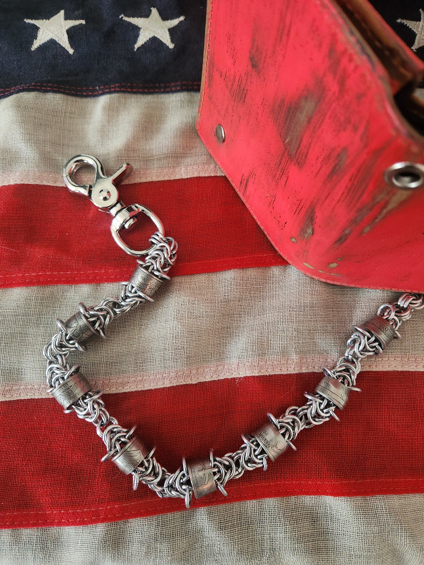 17in. Custom rolled United States quarter wallet chain with Polished steel rings