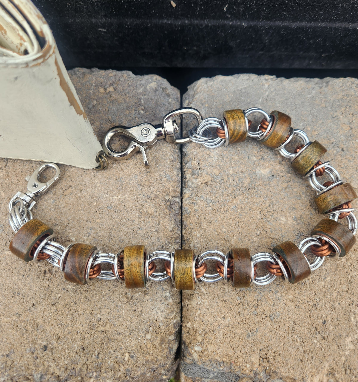 Argentinian Green Sandalwood 18in Exotic Wood Wallet Chain with Polished Steel and Copper Ring with Thinner Beads