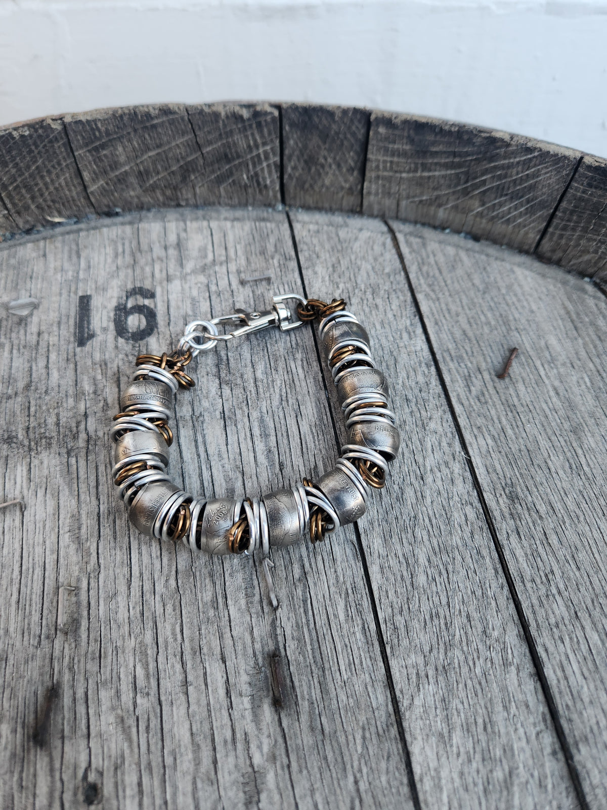 Custom United States Nickel and polished Steel Bracelet with Brass Copper Ring Chain