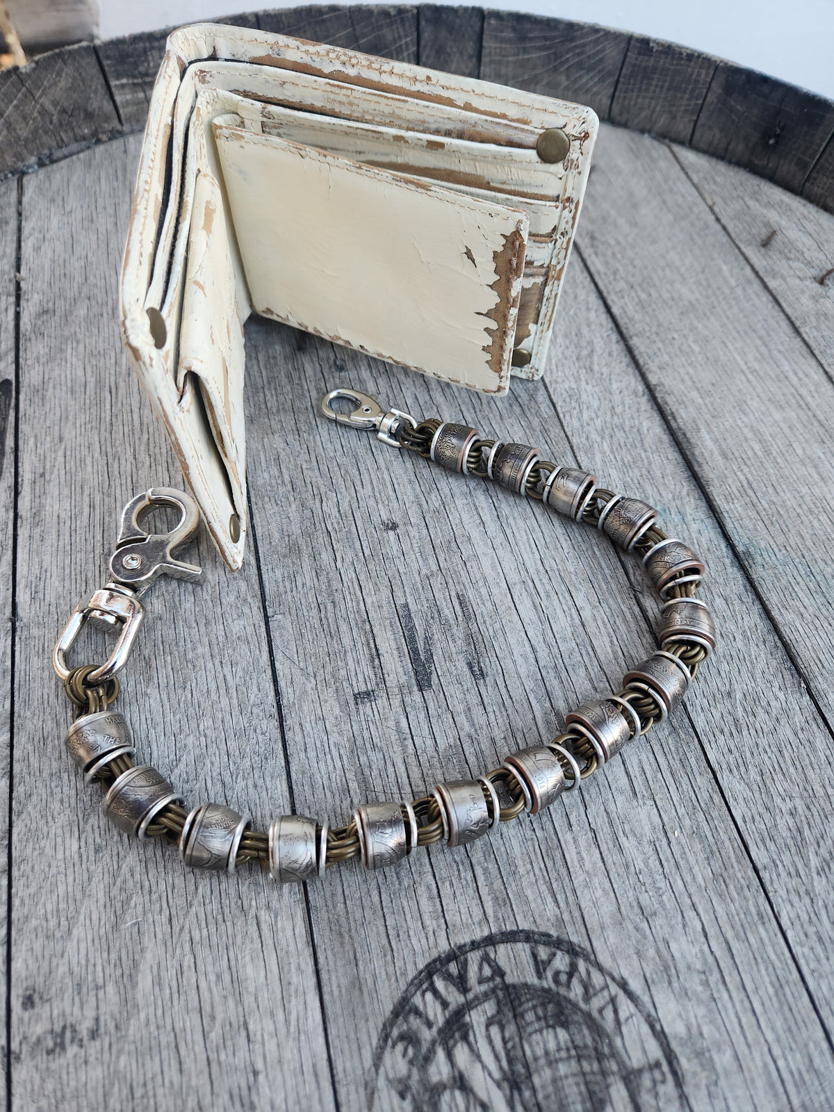 18in. Custom United States Quarter's and polished Steel Ring Wallet Chain with Copper Brass Ring