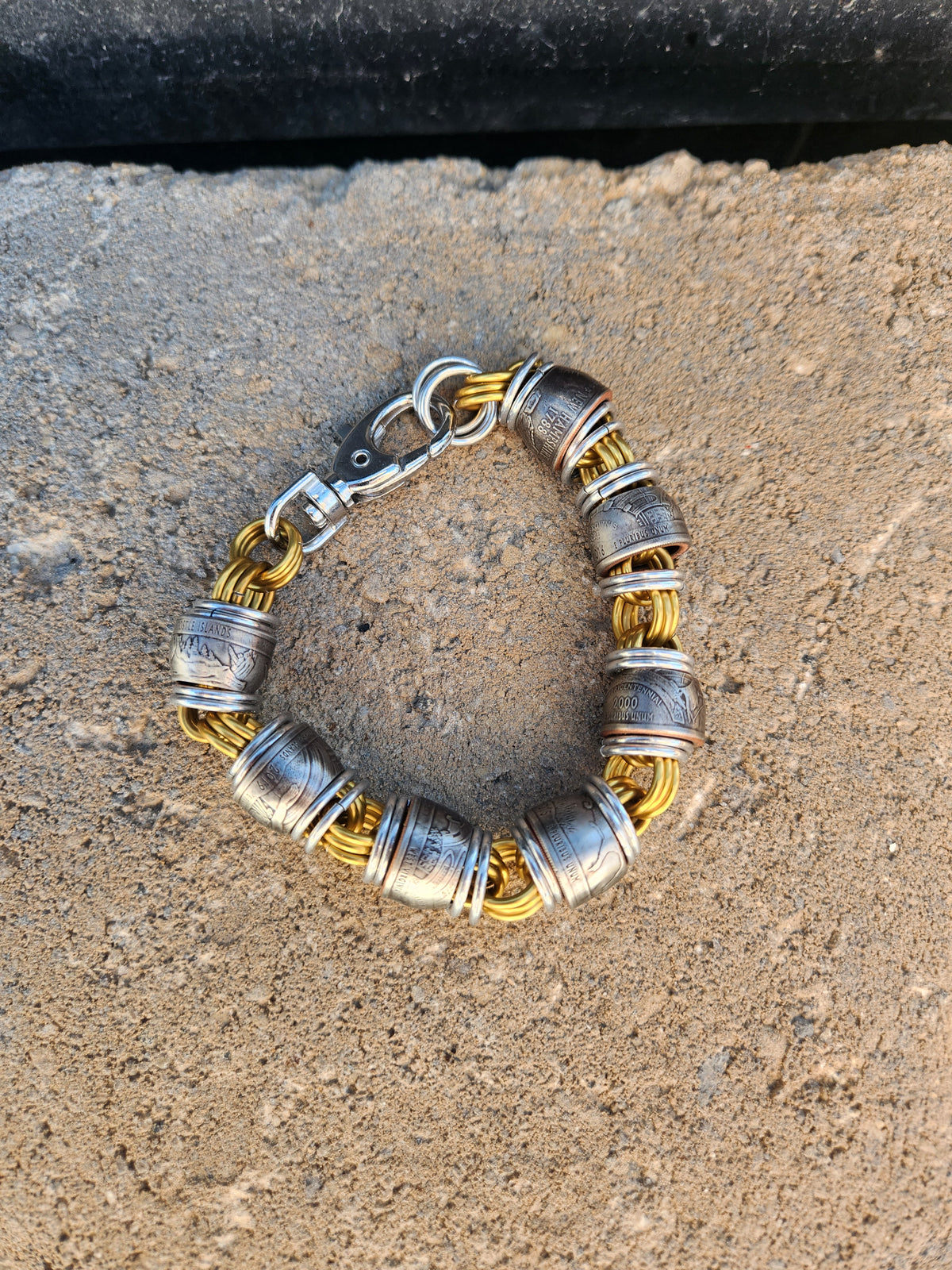 Custom United States Quarter's and Brass & polished Steel Ring Chain Bracelet with Unique Design and Gold Finish